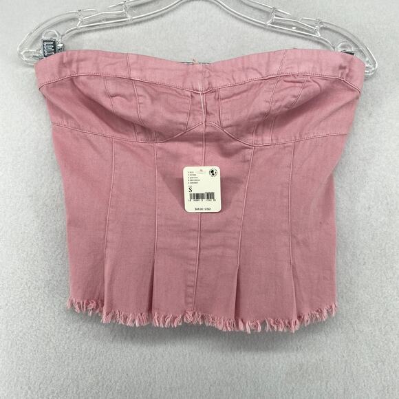 FREE PEOPLE Top S Better Days Tube Corset Smocked Frayed Cropped Cotton Pink NEW - Picture 3 of 16